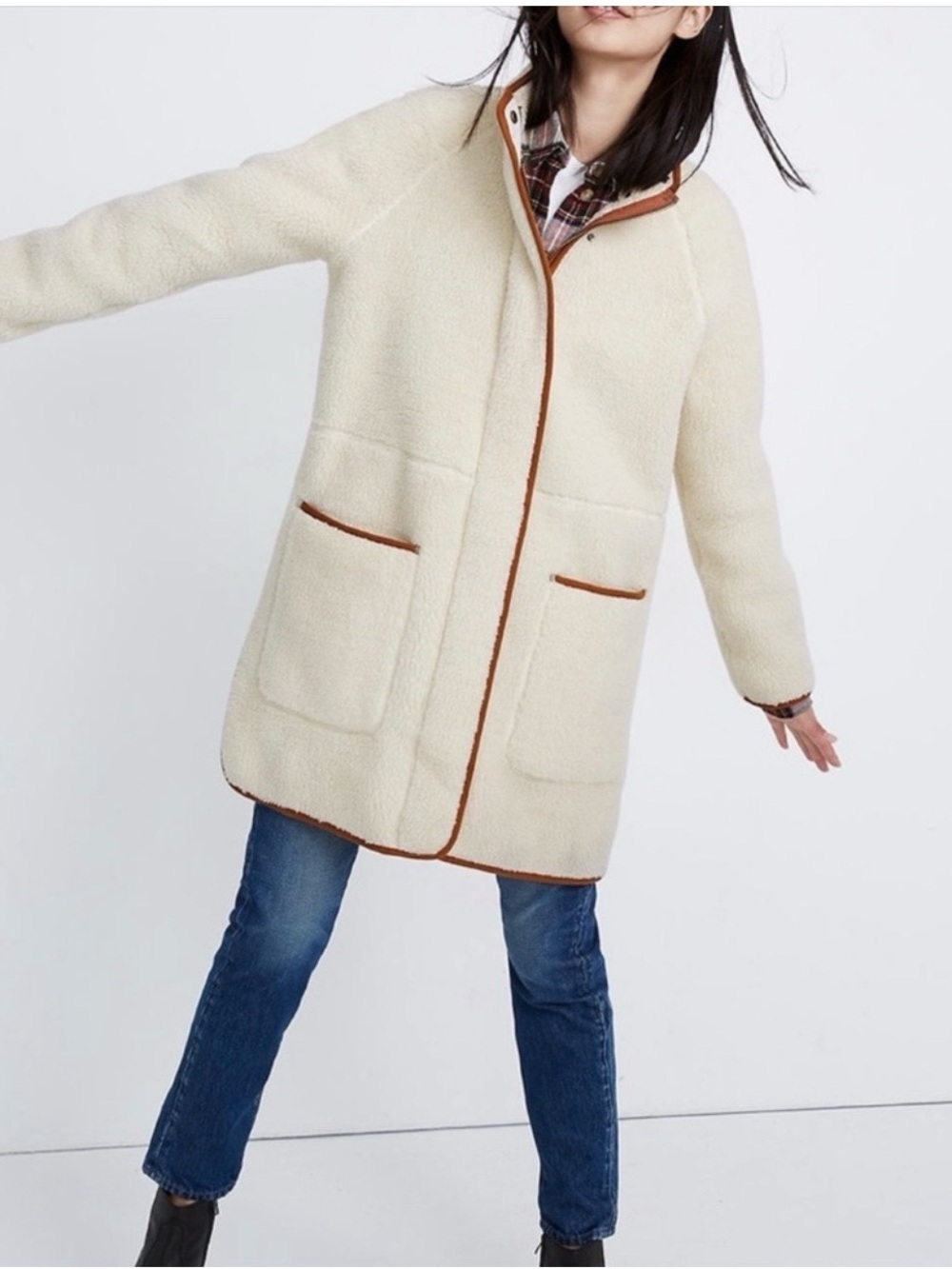 NWT Madewell Cream Sherpa Coat with Contrast Trim - Women Size Large